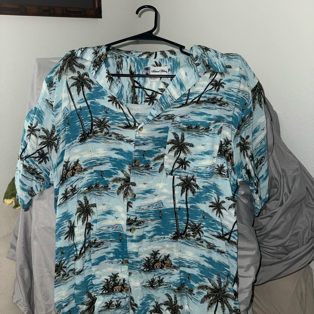 Casual Blue and Black Button Down Shirt with Tropical Design